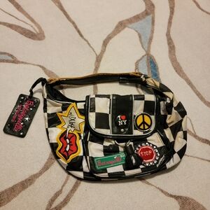 Betsey Johnson Black and White Checkered Bag with Colorful Patches